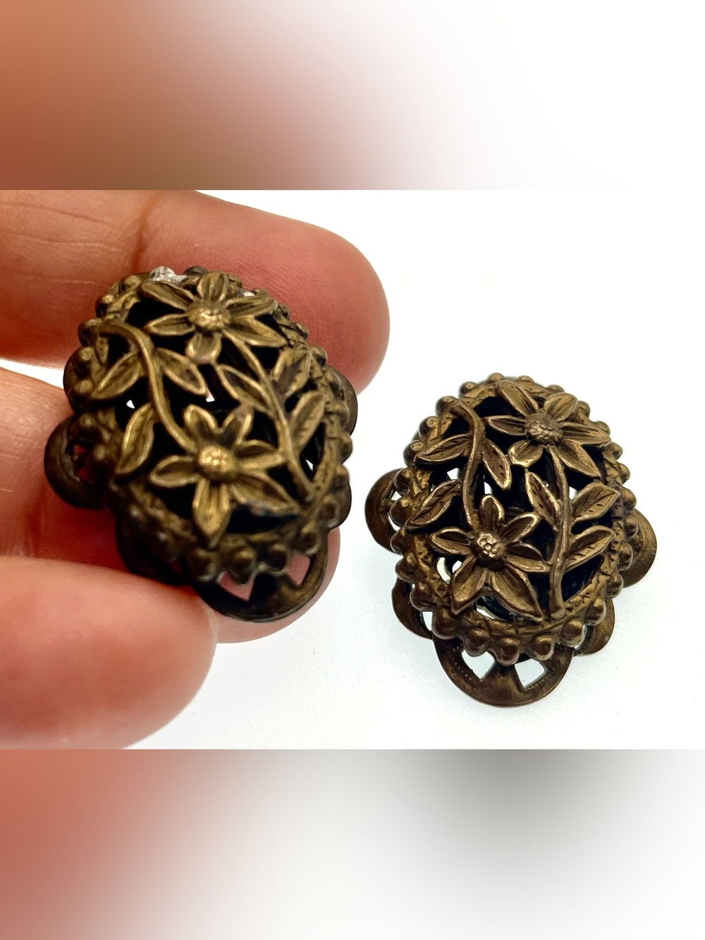 Vintage Victorian Revival Floral Clip On Earrings Bronze Tone Openwork 1.25”